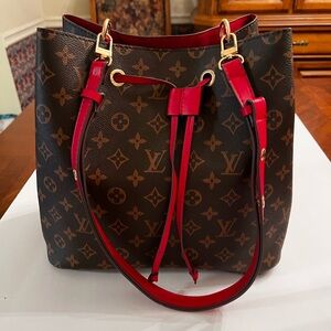 Monogram Brown with Red Straps Canvas Bucket Bag